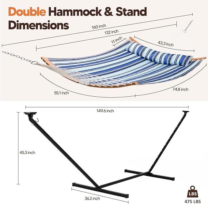SUNCREAT Double Hammock with 12 ft Stand, Solar Powered Lights Included, Outdoor Hammock for Outside, Blue & White