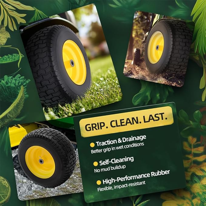 16x6.50-8 tire and wheel Flat Free Assemblies (2 Pack), Lawn Mower Tires with Rim, Solid Rubber Riding Lawn Mower Tires and Wheels,3" Offset Hub,3/4" Bushings,16x6.5-8 Tractor Turf Tire