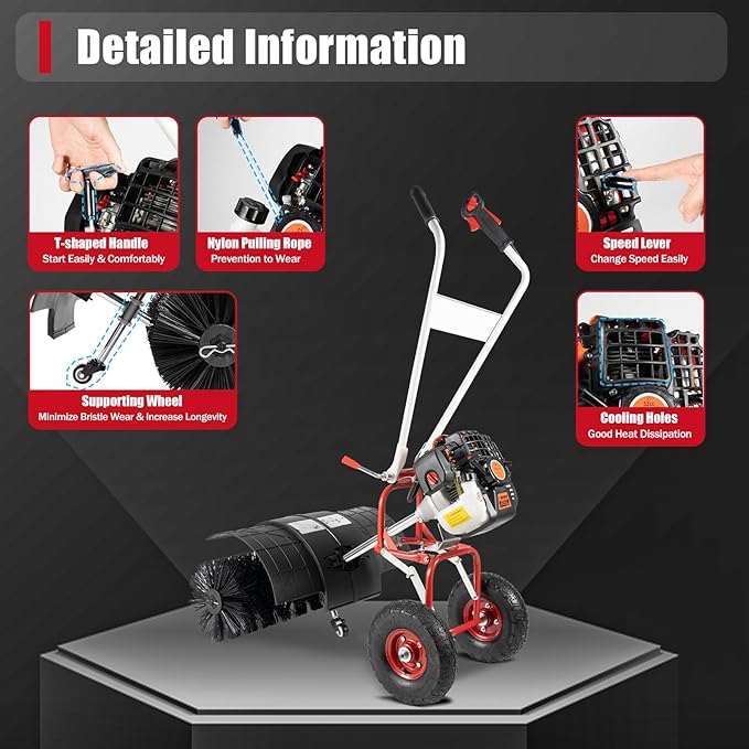 52CC Gas Powered Hand Snow Sweeper Power Brush - 20.5" Width Nylon Brush, 10500 RPM, 2.5HP 2-Stroke Walk Behind Snow Sweeper Machine for Driveway, Walkway, Lawn & Artificial Turf Cleaning, Foldable