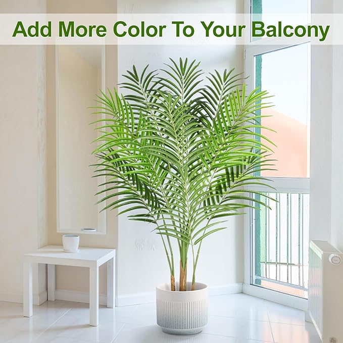 Artificial Palm Tree 4ft Tall Fake Indoor Decor with 13 Trunks and Real Bark Design Faux Tropical Areca Silk Floor Plant in Pot for Home Office Living Room Bedroom 1pcs