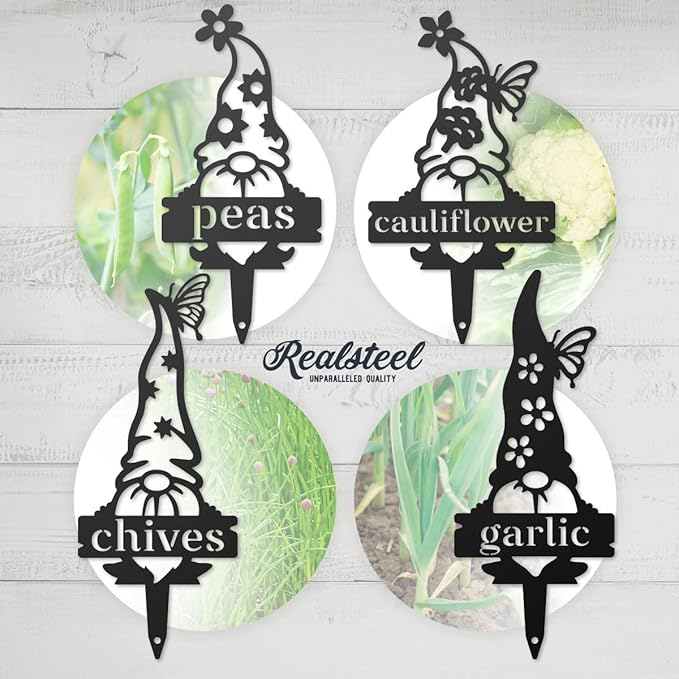 RealSteel Brand, Gnome Plant Markers for Outdoors, Garden Labels Metal Stake, Plant Tags, Garden Sign for Vegetables, Outdoor Decorations, Yard and Gardening Gift - Chives