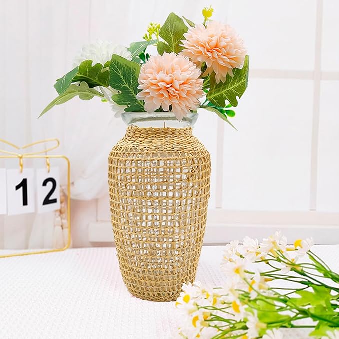 MDEOOSKY Straw Woven Glass Vase 7.9''x2.36''x3.5''Boho Glass Flower Vase Country Rustic Style Vase Glass Vase for Floral Arrangements Bottle Height (A Style 7.9IN)
