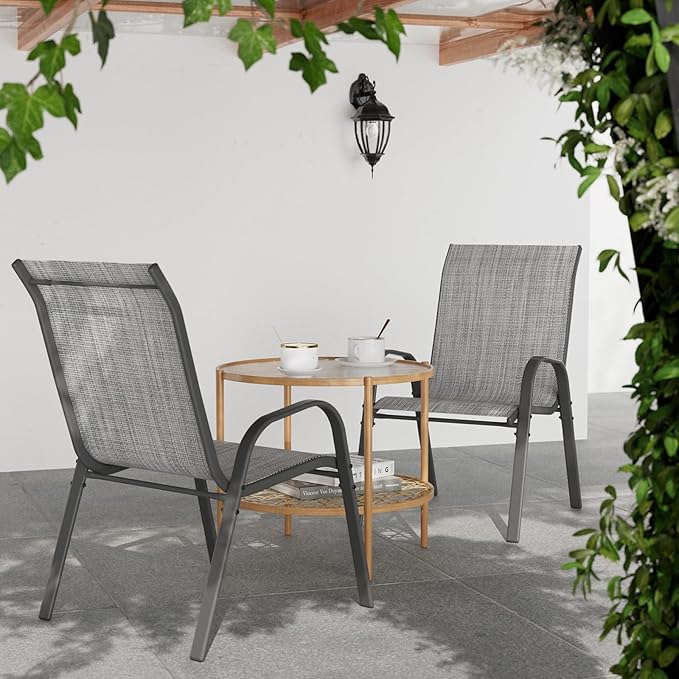 Patio Dining Chairs Set of 8, Outdoor High Stacking Chairs，Breathable Seat Fabric and Alloy Steel Frame for Backyard, Porch, Garden, Sunroom (Light Grey)