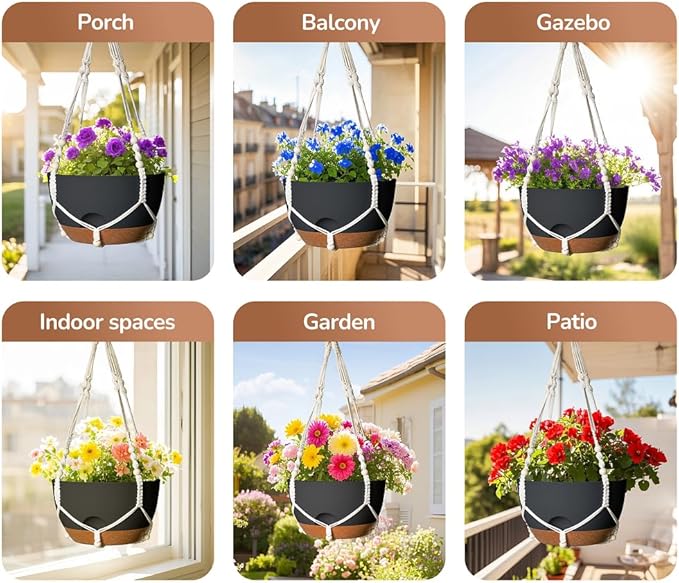 LESOASIS 12 Inch Hanging Baskets for Plants Outdoor, Hanging Planters for Indoor Outdoor Plants, Hanging Planter with Self Watering, Hanging Flower Pots (Black Planter with Macrame + Iron Hangers)