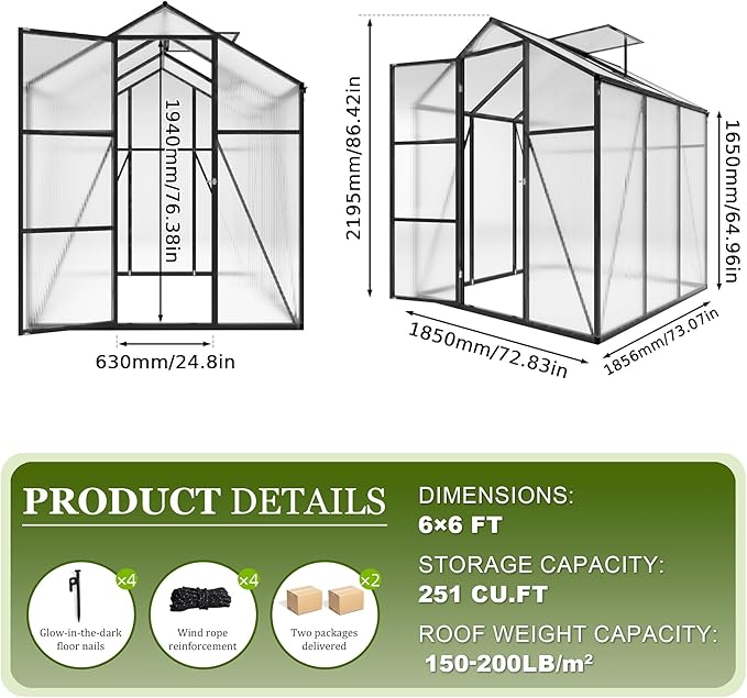 7.2FT High 6.1*6.1FT Greenhouse for Outdoors, Polycarbonate Greenhouse with Stronger Wind Protection and Roof Vent,Walk-in Large Aluminum Sunroom Winter Proof,Black