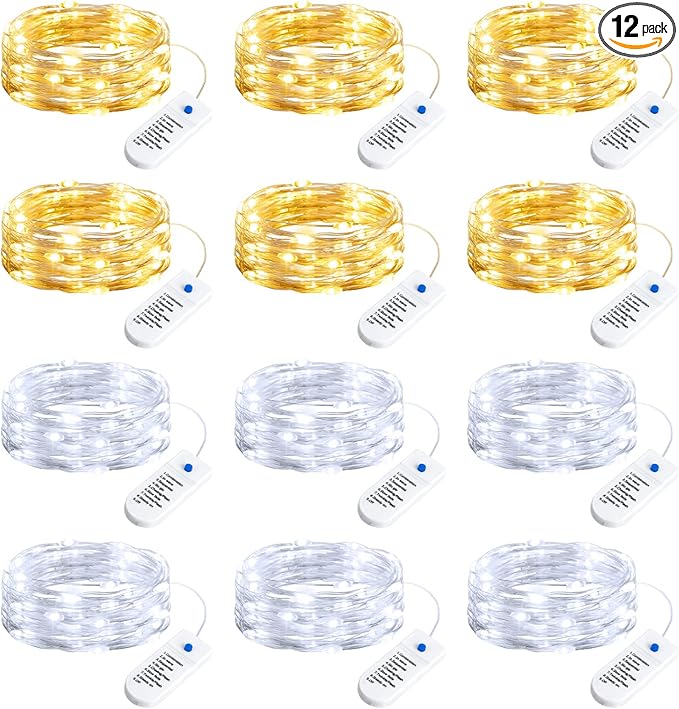 Minetom 12 Pack Fairy Lights Battery Operated String Lights 8 Modes, 7ft 20LED Waterproof Silver Wire Twinkle Lights, Firefly Starry Moon Lights for Mason Jars DIY Christmas Wedding Party