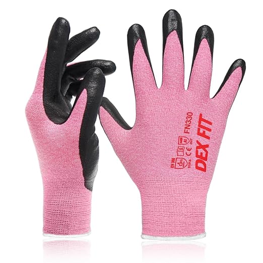DEX FIT Nitrile Work Gloves FN330, 3D-Comfort Stretchy Fit, Firm Grip, Thin & Lightweight, Touch-Screen Compatible, Durable, Breathable & Cool, Machine Washable; Pink S (7) 12 Pairs