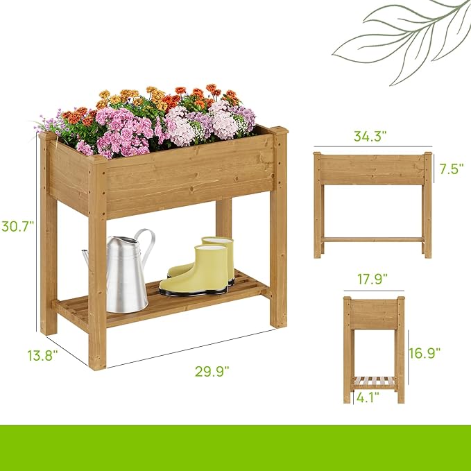 Raised Garden Bed, Planter Box with Storage Shelf, Elevated Wooden Planter Box with Legs, Garden Planter for Backyard, Patio, Balcony, Natural Wood (Brown, S)