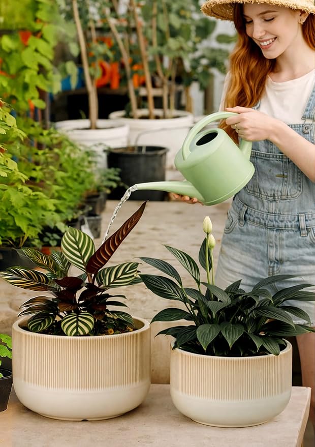 Ceramic Planters - 10+12 Inch Large Pots for Indoor & Outdoor Plants, Modern Flower Pots with Drainage Holes and Self Watering Devices, House Beige Big Plant Pot, Set of 2