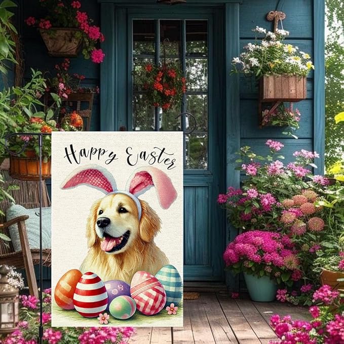 Happy Easter Garden Flag Dog Spring Seasonal Eggs Sign Yard Holiday Outdoor 12x18 Inch Small Burlap Double Sided Garden flags Decorations
