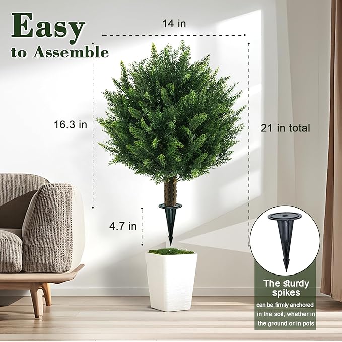 Chillchard 21" Artificial Cypress Topiary Outdoor Plants with Spike, 2 Pack Faux Cedar Bushes UV Resistant Fake Shrubs for Front Porch Décor