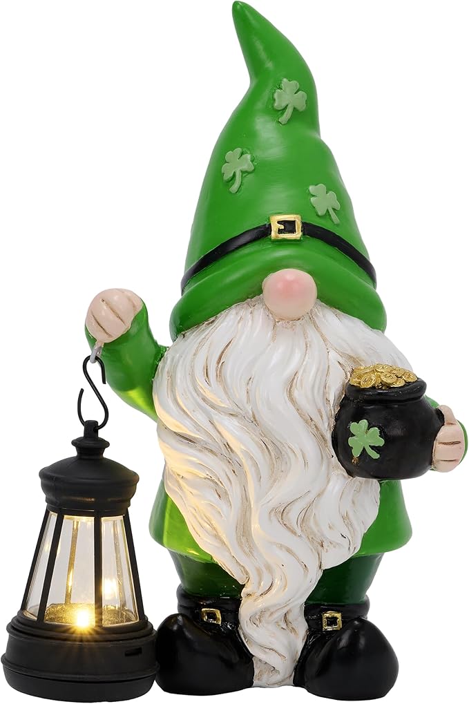 TERESA'S COLLECTIONS St Patricks Decorations for Outdoor Decor, Resin Garden Gnome Holding Lantern with Solar Lights for Porch,Shamrock Leprechaun Figurine for Outside, Irish Gifts for Home,10"