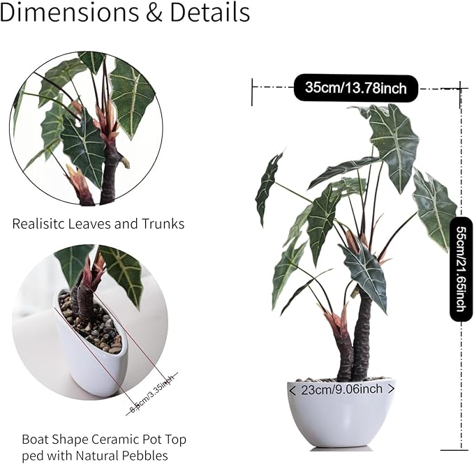 Avoeco Artificial Alocasia Plant – 21.6” Tall Faux Plant in White Ceramic Pot with Pebbles – Realistic Fake Potted Plant for Home, Office, Boho, Modern, Minimalist & Japanese Decor(White)