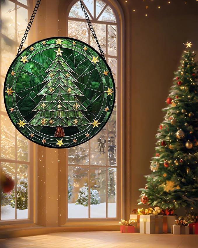 Stained Glass Window Hanging - Green Christmas Tree with Golden Stars Suncatcher for Doors Home Christmas Decoration Sun Catcher Thanksgiving New Year Birthday Gifts for Women Men Mom Nana 9.8 in