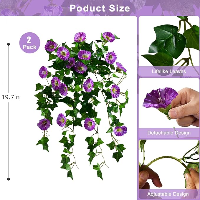 Morning Glory Artificial Hanging Flowers for Outdoors 3 Pcs Fake Petunias Flower Faux Silk Long Trailing Vines Realistic Flower for Front Door Porch Patio Balcony Garden Yard Decor (3 Pcs Purple)