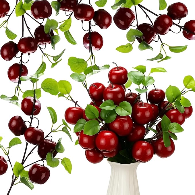 6 Pcs 27.56 Inches Artificial Fake Wine Red Apple Branches Christmas Decoration Realistic Apple Bouquets Tree Branch Fruit Plant for Home Office Vase Filler Shop Decoration