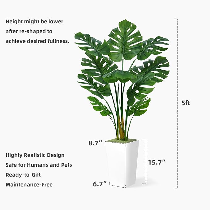 ASTIDY Artificial Monstera Deliciosa Plant 5FT - Faux Tropical Palm Tree with Black Tall Planter - Fake Swiss Cheese Floor Plant in Pot - Artificial Tree for Home Office Living Room Decor Indoor