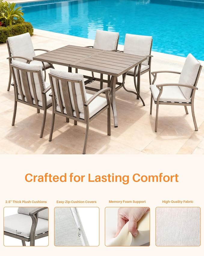 Patio Dining Chair Set of 6, Outdoor Dining Chairs with Thick Cushion, Sturdy Aluminum Outdoor Chairs for Table, Outdoor Dining Furniture Set for Deck, Garden, Backyard, Pool, Limed Oak