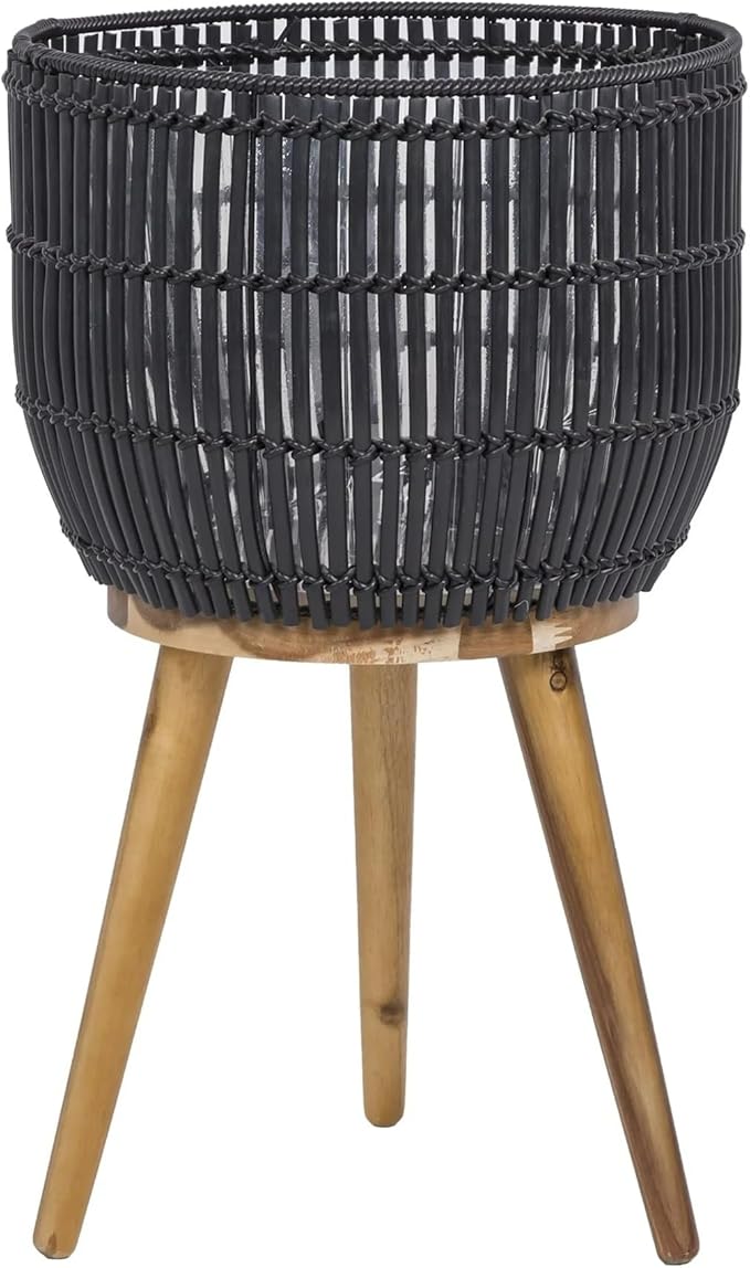 13.5" Round Resin Planter with Wood Legs – Handwoven Rattan Style Indoor/Outdoor Plant Pot – Includes Plastic Insert & Steel Frame – Black (Planter & Stand Set)