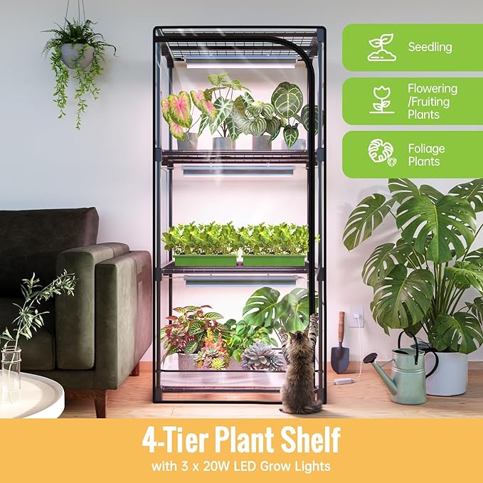 Indoor Greenhouse with Grow Light, 4-Tier Plant Stand with Zippered PVC Tent, Ventilation Window, Bottom Pouch, 20W Full Spectrum Plant Light with Timer for Seed Starting, 27"L x 19"W x 59"H