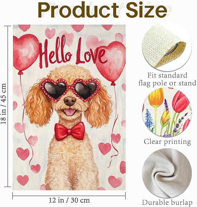 Valentine's Day Poodle Hello Love Garden Flag, House Yard Plaid Love Heart Outside Decoration, Spring Holiday Wedding Anniversary Outdoor Small Decor 12x18(12634)