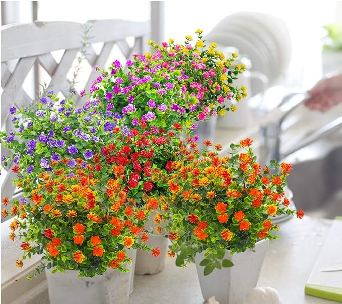 Grunyia 10 Bundles Artificial Fake Flowers, Faux Outdoor Plastic Plants UV Resistant Shrubs Outside Indoor Decorations (Orange-Eucalyptus)