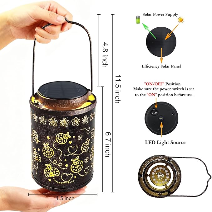 Upgraded Ladybug Solar Lanterns Outdoor Waterproof Hanging Metal Lanterns for Garden, Yard, Patio & Porch, Lucky Ladybug Birthday & Romantic Gifts for Women, Mom, Grandma