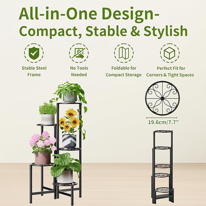 NQW Plant Stand Indoor Outdoor, 5 Tier Corner Metal Flower Display Holder Stand, Folding Tall Plant Rack for Patio Balcony Porch Garden Living Room House, Heavy Duty Wrought Iron Plant Shelf - BlackS