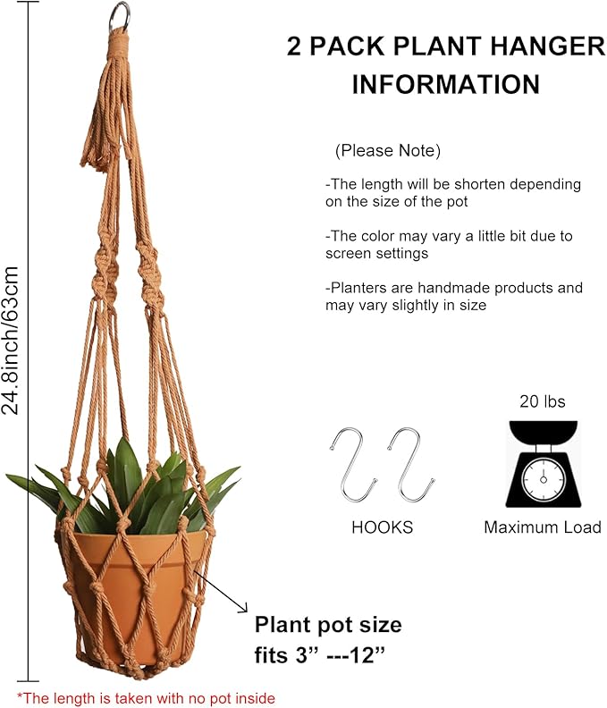 Artilady Macrame Hanging Planter for Indoor Plants, Boho Woven Plant Hanger Large Hanging Flower Pot Holders Outdoor Baskets Storage No Tassels Brown Wall Decor (Latte Brown)