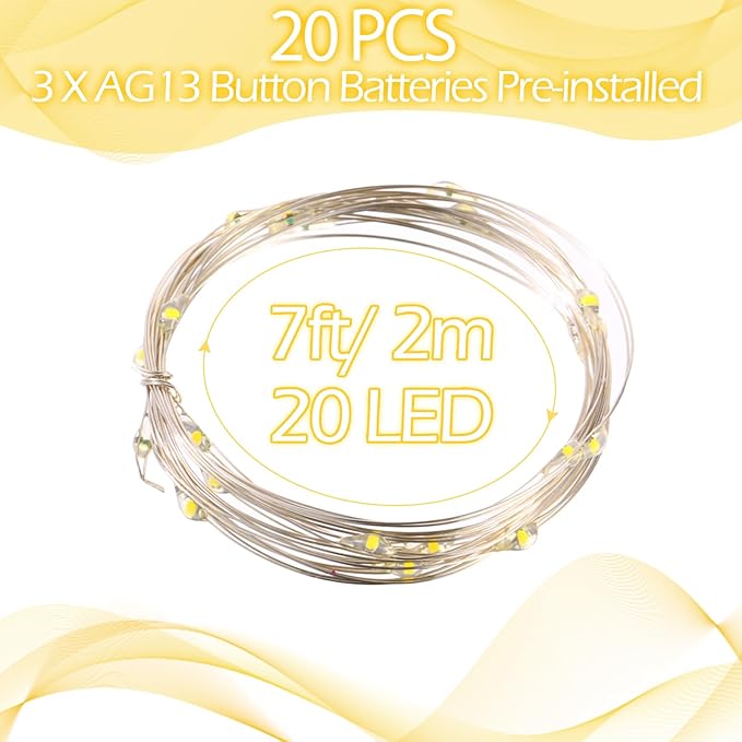 Hortsun 20 Packs Fairy Lights Battery Operated 3 Speed Modes, 7 Ft/ 2 M 20 LED Battery String Mini Waterproof Wire Twinkle Lights Bulk for Wedding Party Birthday Vases Decor (Warm White)