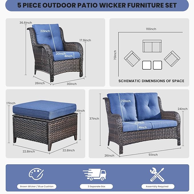 Belord Outdoor Wicker Furniture 5 Pieces Patio Furniture Set Patio Wicker Chairs with Ottomans Conversation Set for Porch Garden Deck Balcony Poolside