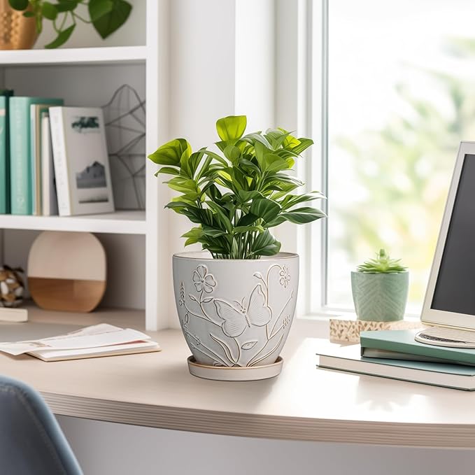 MPotTo 6 Inch Ceramic Plant Pot for Indoor Plants Outdoor Round Planter Flower Pot with Drainage Hole and Saucer for Home Garden Office Decor White