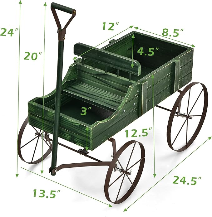 Giantex Small Wagon Planters for Outdoor Plants, Decorative Garden Bed with Metal Wheels, Wood Raised Beds Plant Pot Stand for Backyard Garden Patio 24.5"x13.5"x24" (Green)
