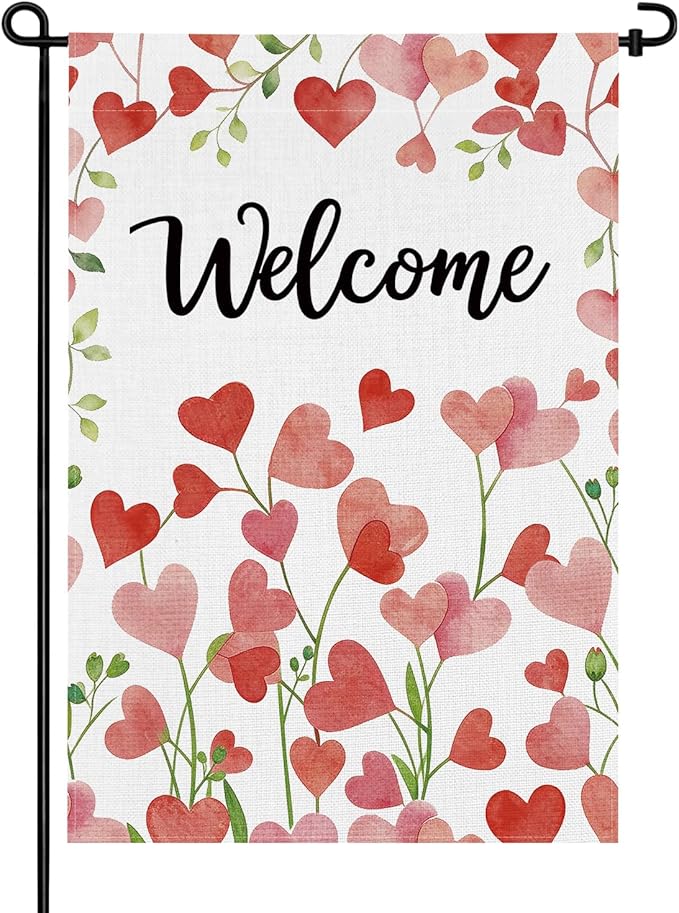 pretty_jessie Valentines Day Garden Flag 12x18 Inch Double Sided, Welcome Floral Love Hearts Burlap Yard Flag Anniversary Patio, Porch, Backyard Outdoor Decorations