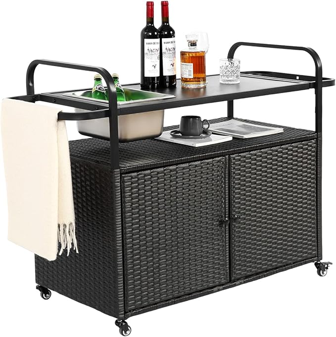 Outdoor Bar Cart with Cabinet, 51.57" Patio Serving Cart with Steel Top, Built-in Ice Bucket, Side Basket & Lockable Wheels for Garden, Backyard & Poolside, Black