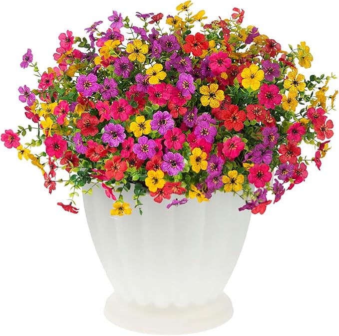 ADXORA 12 Bundles Artificial Flowers,Faux Plants for Spring Summer Decoration, UV Resistant Colorful Violets Eucalyptus for Outside Home Planter Porch Patio Yard Decor