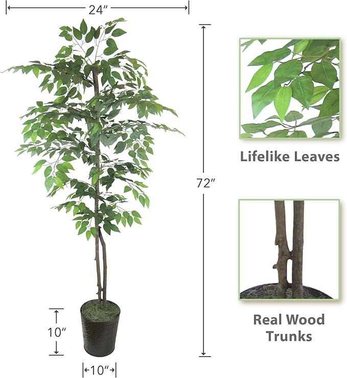 LCG Florals 6ft Artificial Ficus Tree in Black Metal Pot - Real Wood Trunk, Preassembled, No Maintenance Indoor Faux Plant - Living Room, Home & Office Decor