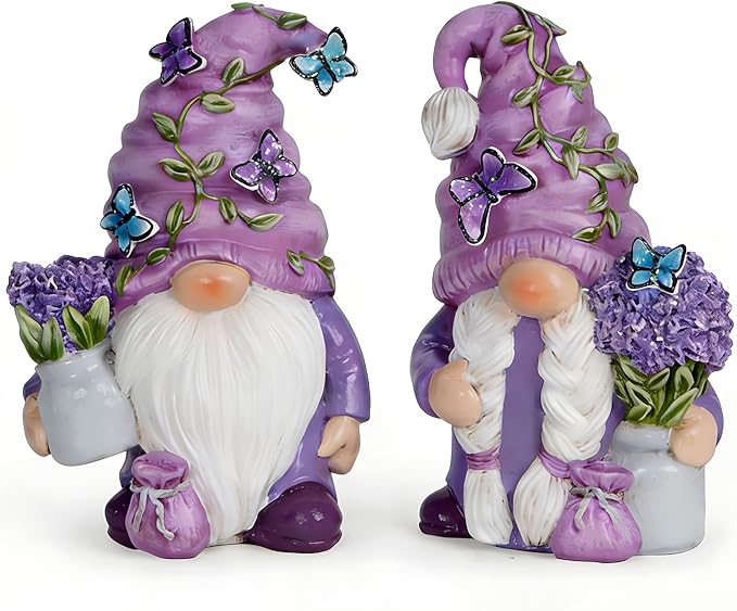 Hodao 2PCS Purple Lavender Butterfly Gnome Figurine Set for Yard, Lawn, Patio, Porch - Weatherproof Resin Garden Decoration - Outdoor Decor & Unique Gnome Gift for Women