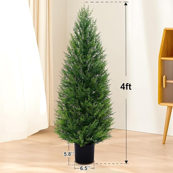 VIVATREES 2Pack 4ft Outdoor Artificial Cedar Topiary Trees, All-Weather Faux Pine for Home Porch Entryway Decor