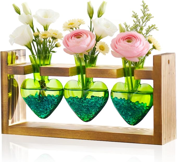 Nacome Plant Terrarium Propagation Stations: Valentines Day Gifts for Her Plant Lovers Women Mom Wife Daughter - 3 Bulb Glass Vase with Wooden Stand Tabletop for Hydroponics Indoor Home Decor(Green)