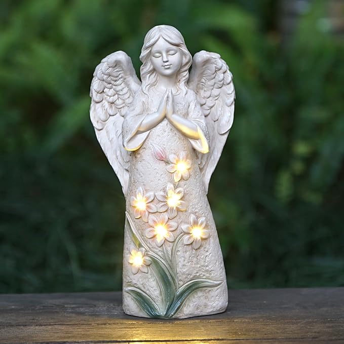 Roundot Garden Angel Statues Outdoor Decor 9.6 inches 6 LED Lights Solar Outdoor Sculptures for Outside Yard Art Patio Balcony Front Lawn Ornaments Gifts for Mom Grandma Women