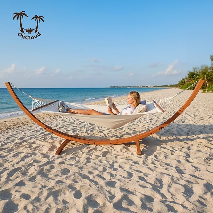 OnCloud Double Hammock Wood Arc Stand, Wooden Hammock W/Stand, Classic Natural Hammock Set for Yard, Garden (14 ft Set)