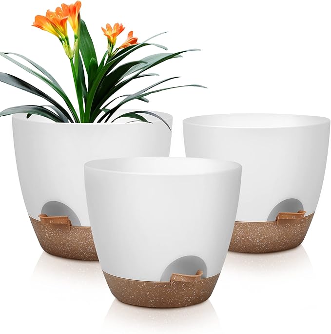 QRRICA Plant Pots 10/9/8 Inch Self Watering Pots, Set of 3 Plastic Planters with Drainage Holes and Saucers,Plastic Flower Pots,Nursery Planting Pot for Indoor Out Door Plants（White）