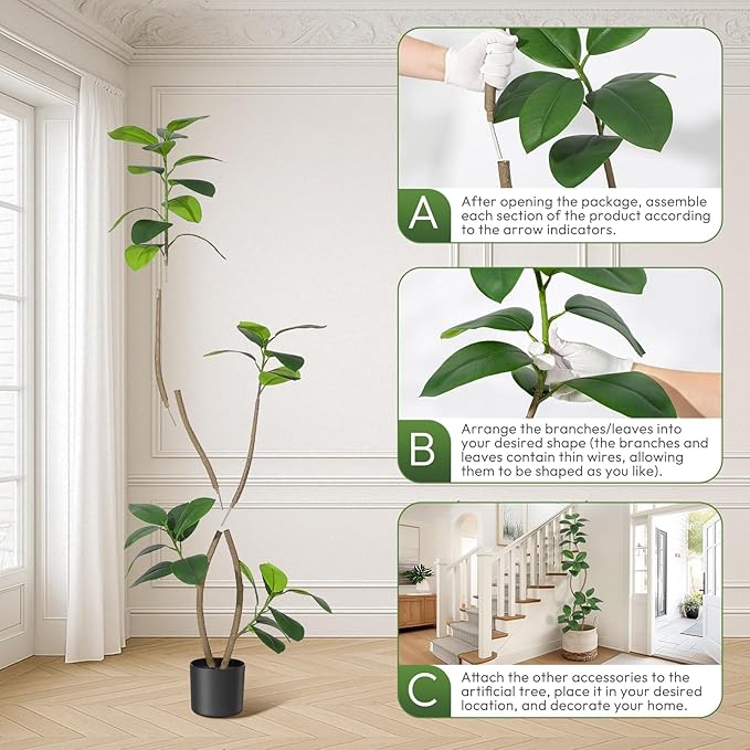 6 ft Artificial Plant Rubber Tree, Large Floor Tree Real Touch, Artificial Plants Indoor Potted with Black Sphere Resin Planter & Stone, Tall Plant Artificial Large Floor