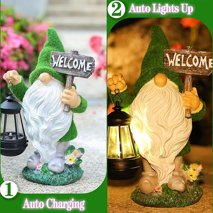 Garden Outdoor Statues, Solar Gnome Statues,Gnome Decorations with Solar Outdoor Lights for Garden Decor, Sculptures & Statues for Front Porch Patio Lawn, Gifts for Mom, 13"