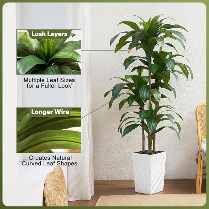 VeriNatural Artificial Dracaena Tree 6FT - Fake Tree with White Taper Planter & Pebbles - UV Resistant Faux Yucca Tropical Plant - Artificial Trees for Home Office Living Room Decor Indoor Outdoor