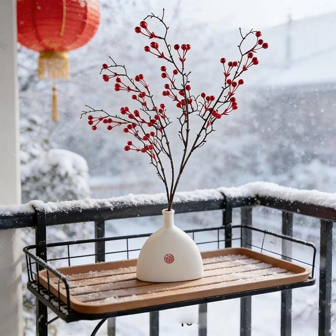 KYMY Artificial Red Berry Branch 27.5 Inch, Faux Winter Berry Stem for 2026 Chinese Vietnamese New Year Decorations, Realistic Holiday Floral Pick for Vase Table Home Party Decor
