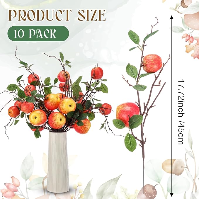10 Pcs 17.72 Inches Artificial Fake Apple Branches Realistic Tall Apple Bouquets Tree Branch with Long Stem and Green Leaves Fruit Plant for Home Office Vase Filler Shop Decoration