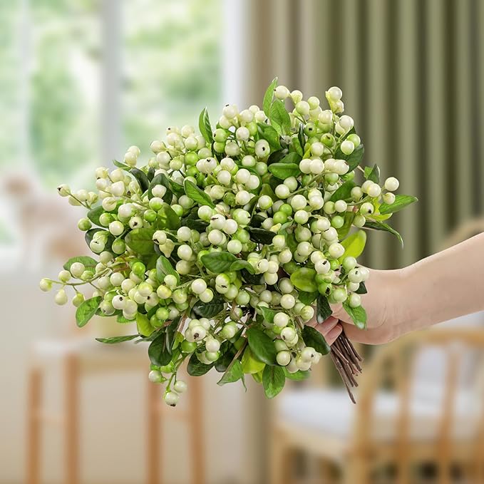 SHACOS Artificial White Berry Stems 20 PCS Pack Fake Berries Branches Spray with Green Leaves 9.8 inch Small Berry Picks for Christmas Decorations Crafts Filler Holiday Home Decor, White