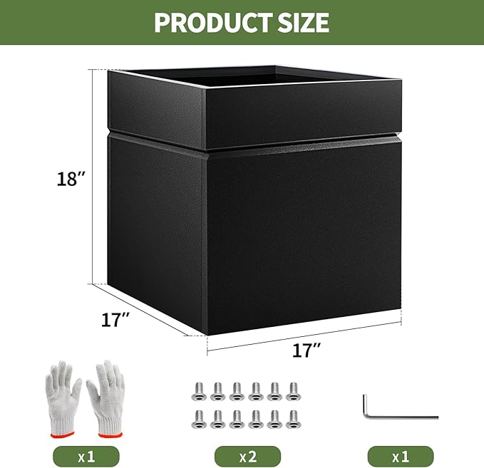 HONYTA Matel Planter Box 17" L x 17" W x 18" H, Cube Heavy Duty Powder Coating Steel Planters with Drainage Hole, Indoor Outdoor All-Weather Use for Home, Porch, Patio, Hotel(Black)